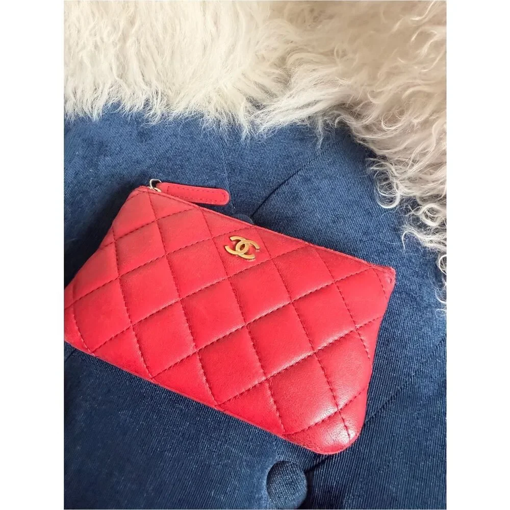 CHANEL Red Quilted Leather Zip Pouch with Gold CC